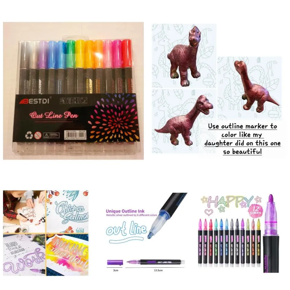 12 Glitter Super Outline Metallic Markers Doodle Dazzles Shimmer Markers