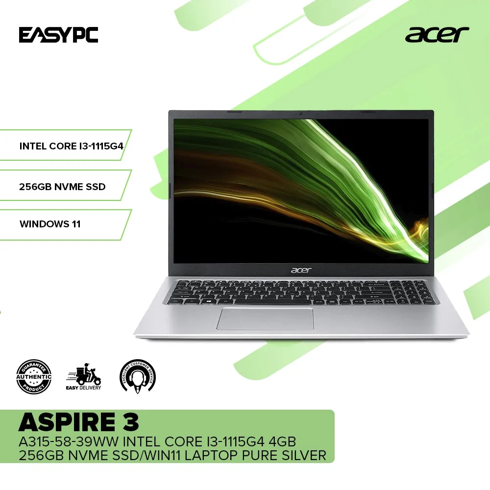 Acer Aspire 3 A315-58-39WW Intel Core i3-1115G4 4GB 256GB NVMe SSD Win11 Laptop Pure Silver