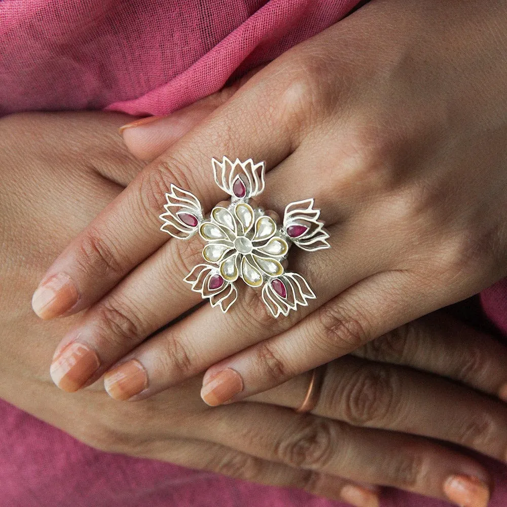 Five Lotus Gold Plated Jadau Ring