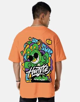 HUSTLE Orange Oversized Back Graphic Printed Tshirt