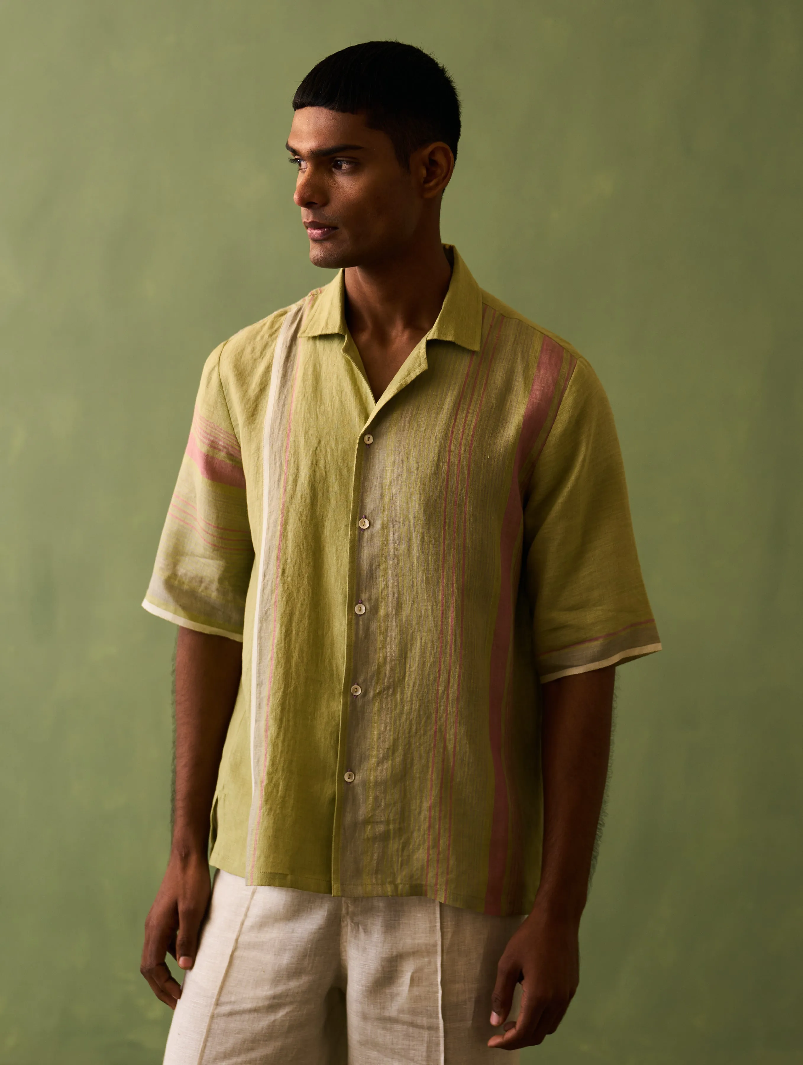 Mako Border Linen Shirt - Fern