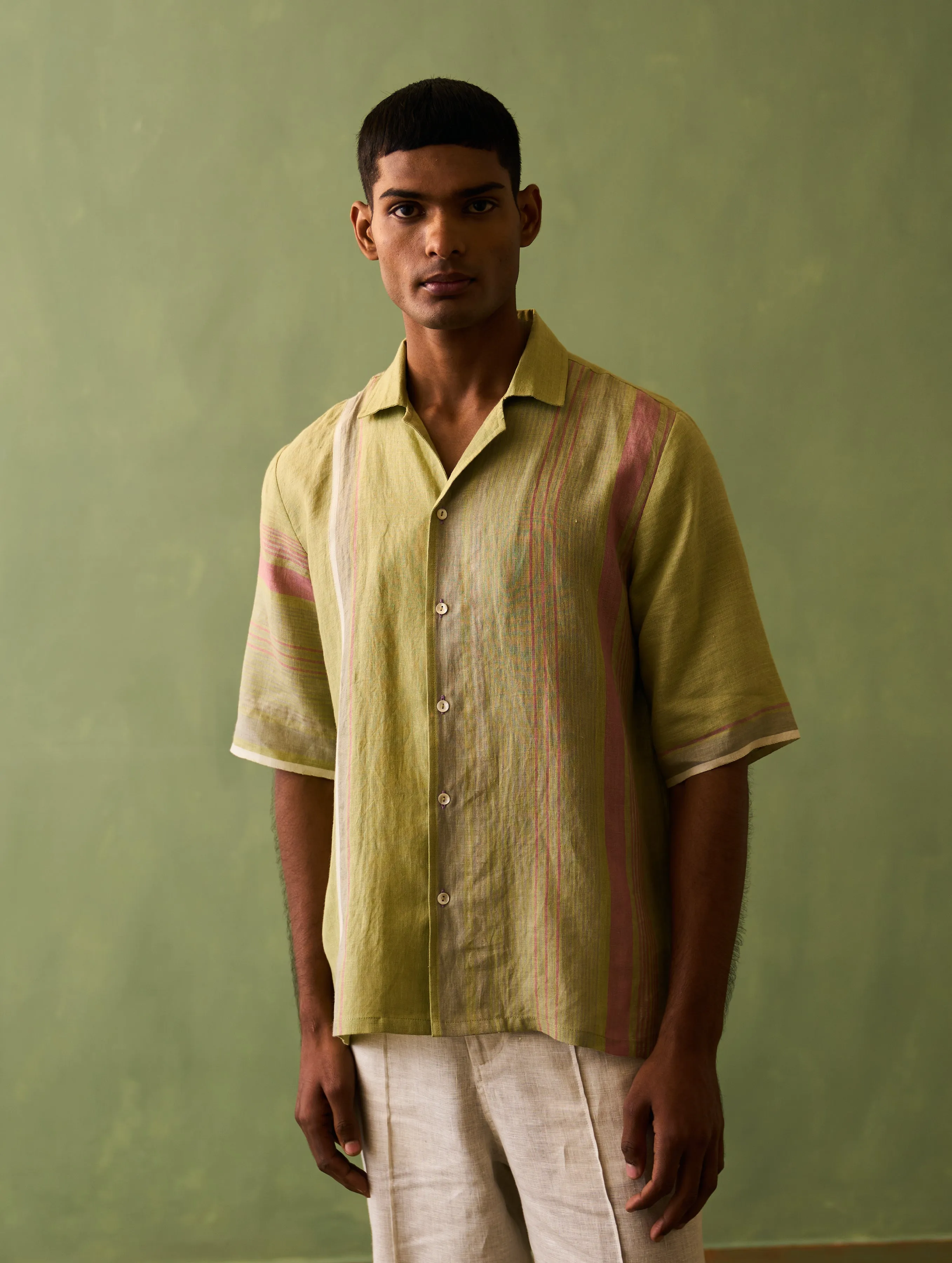 Mako Border Linen Shirt - Fern